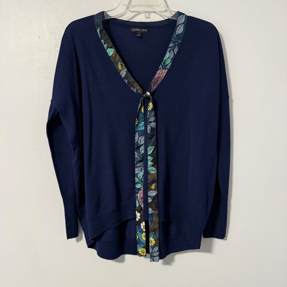 Abigail Borg‎ for J Crew Navy 100% Merino Wool Sweater Size S Floral Tie Neck